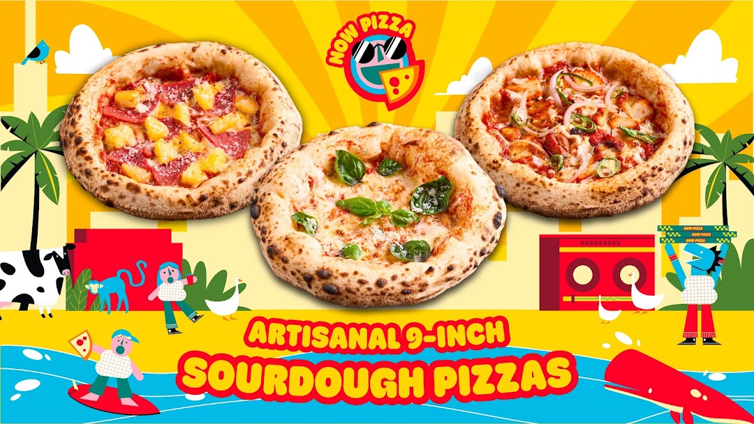 Three artisanal 9-inch sourdough pizzas displayed against a vibrant, cartoonish background with the 'Now Pizza' logo.