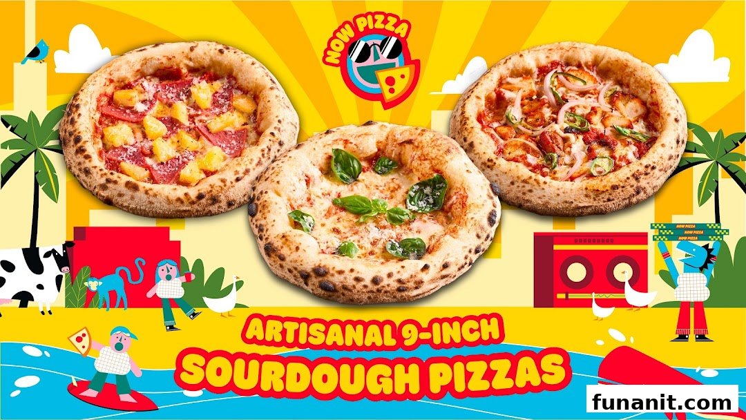Three artisanal 9-inch sourdough pizzas displayed against a vibrant, cartoonish background with the 'Now Pizza' logo.