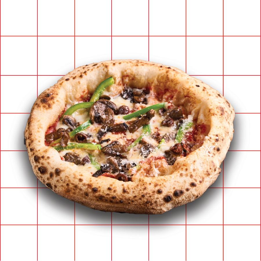 A close-up of a freshly baked pizza topped with mushrooms and green peppers.