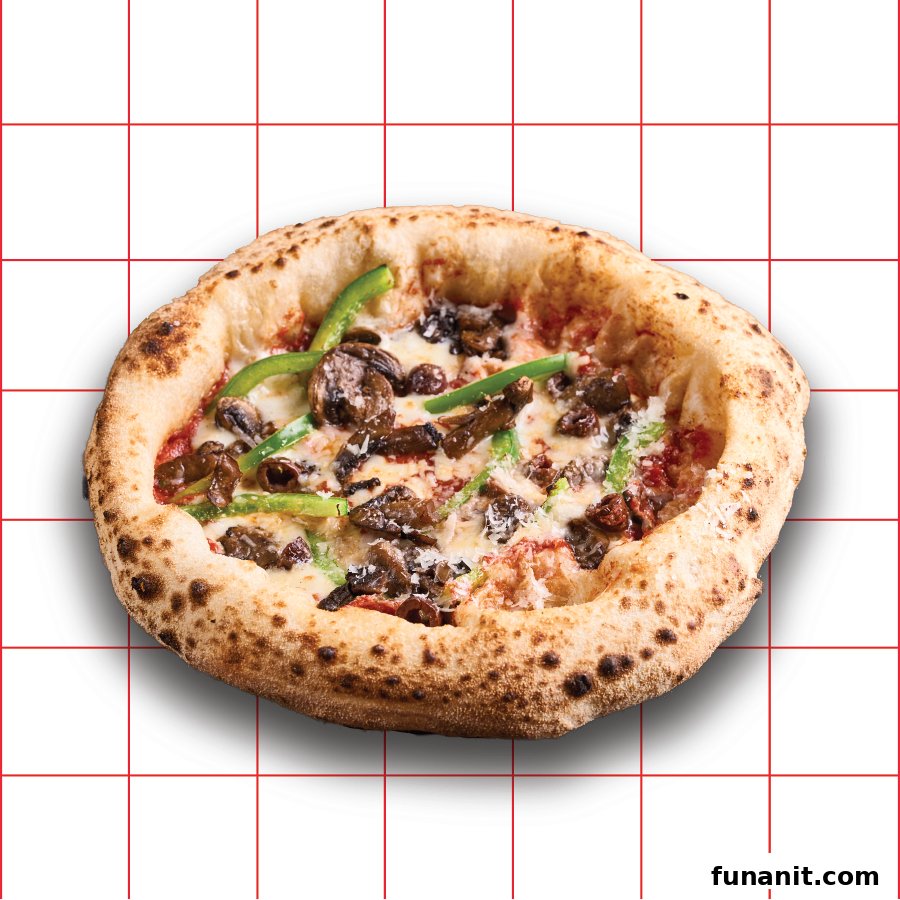 A close-up of a freshly baked pizza topped with mushrooms and green peppers.