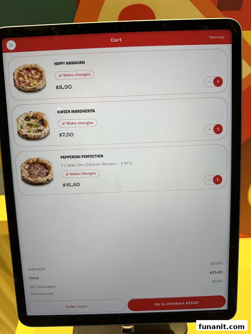 A digital ordering screen displaying pizza selections and prices in a cart.