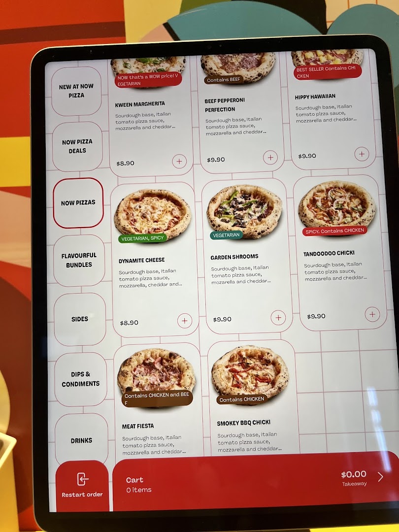 A digital menu displaying various pizza options and prices from Now Pizza.