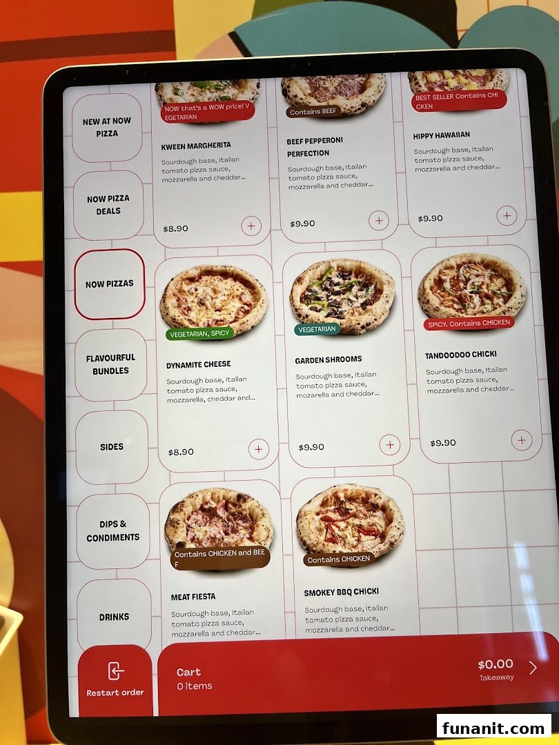 A digital menu displaying various pizza options and prices from Now Pizza.