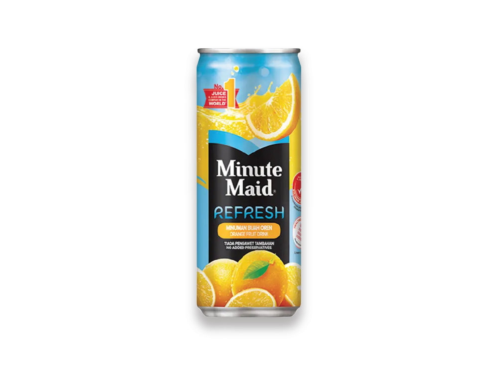 A can of Minute Maid Refresh orange fruit drink on a white background.