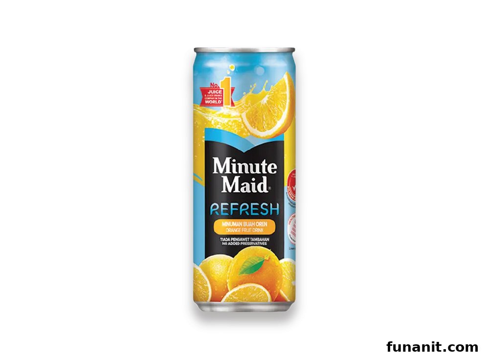 A can of Minute Maid Refresh orange fruit drink on a white background.
