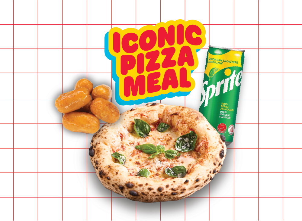 A promotional image showcasing Now Pizza's 'Iconic Pizza Meal' with a pizza, side dish, and Sprite.