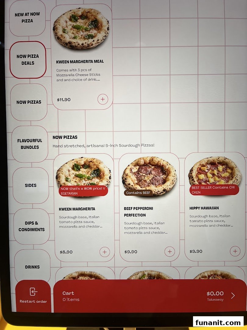 A digital menu screen from Now Pizza displaying various pizza options and deals.