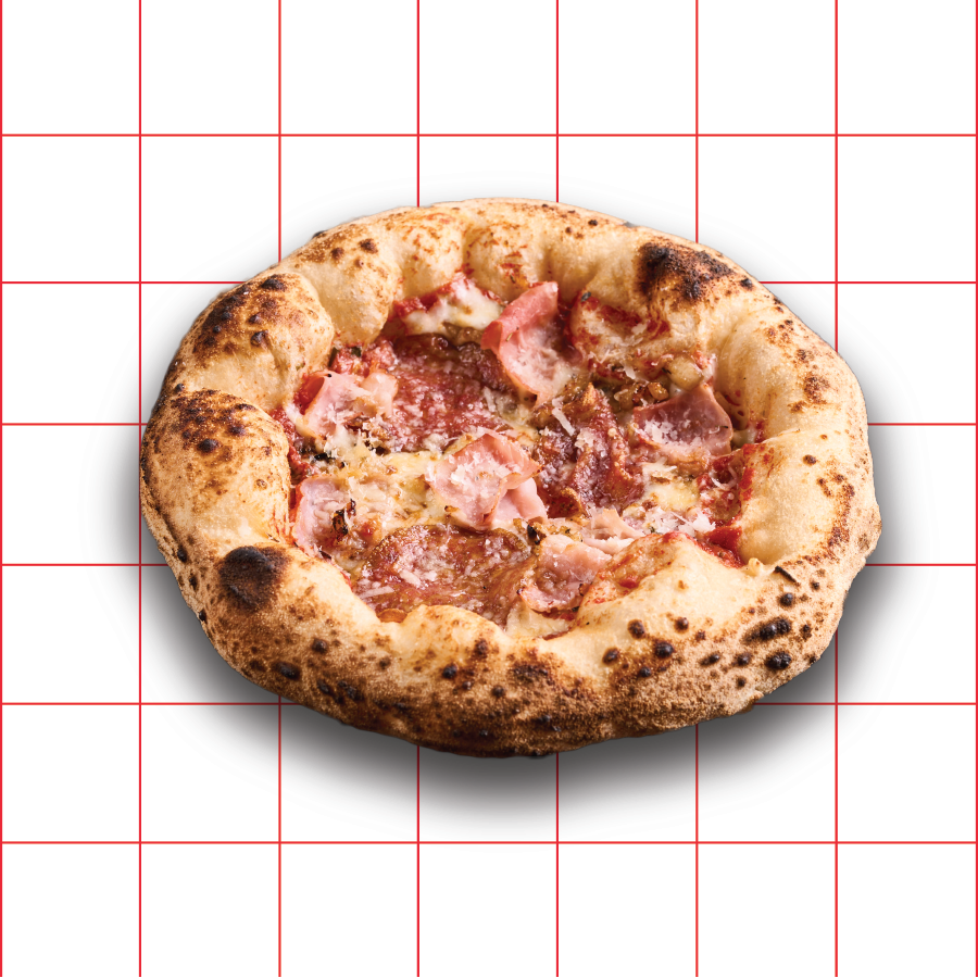 A delicious, freshly baked pizza with various toppings on a white and red grid background.
