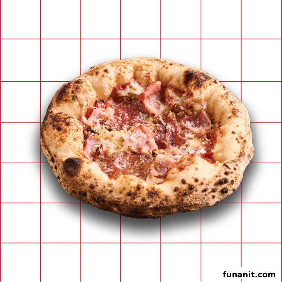 A delicious, freshly baked pizza with various toppings on a white and red grid background.