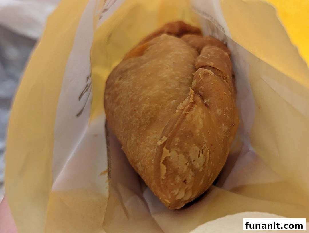 A golden-brown curry puff peeking from a paper bag, ready to be enjoyed.