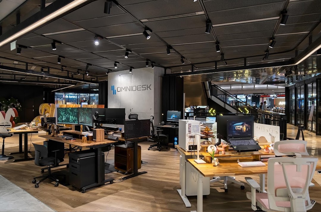Interior view of Omnidesk, showcasing various ergonomic standing desks, chairs, and computer setups in a modern showroom.