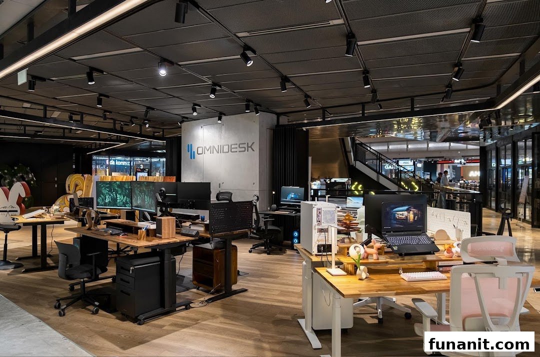Interior view of Omnidesk, showcasing various ergonomic standing desks, chairs, and computer setups in a modern showroom.