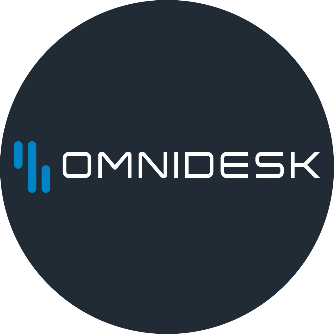 The Omnidesk logo, featuring the brand name in white text with a blue abstract icon on a dark background.