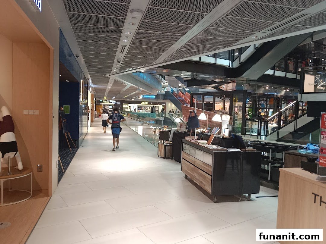 A mall interior showing a shop entrance, display, and shoppers in a bright, modern setting.