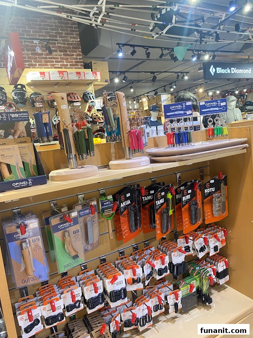 Interior view of Outdoor Life showcasing a wide range of outdoor gear, including knives, buckles, and helmets.