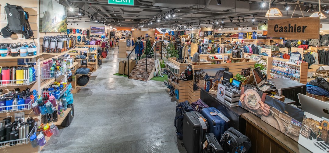 A wide interior view of Outdoor Life - Funan, showcasing various outdoor gear, apparel, and accessories.
