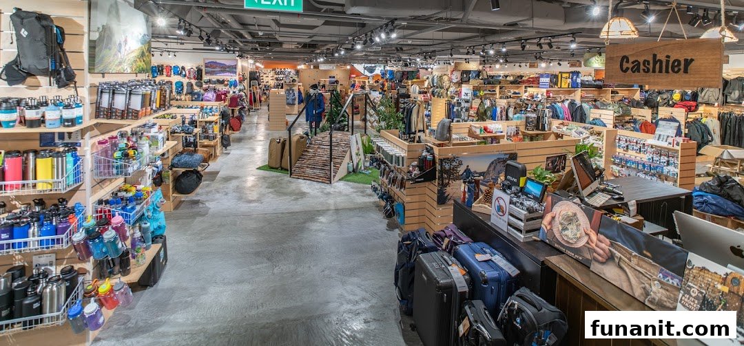 A wide interior view of Outdoor Life - Funan, showcasing various outdoor gear, apparel, and accessories.