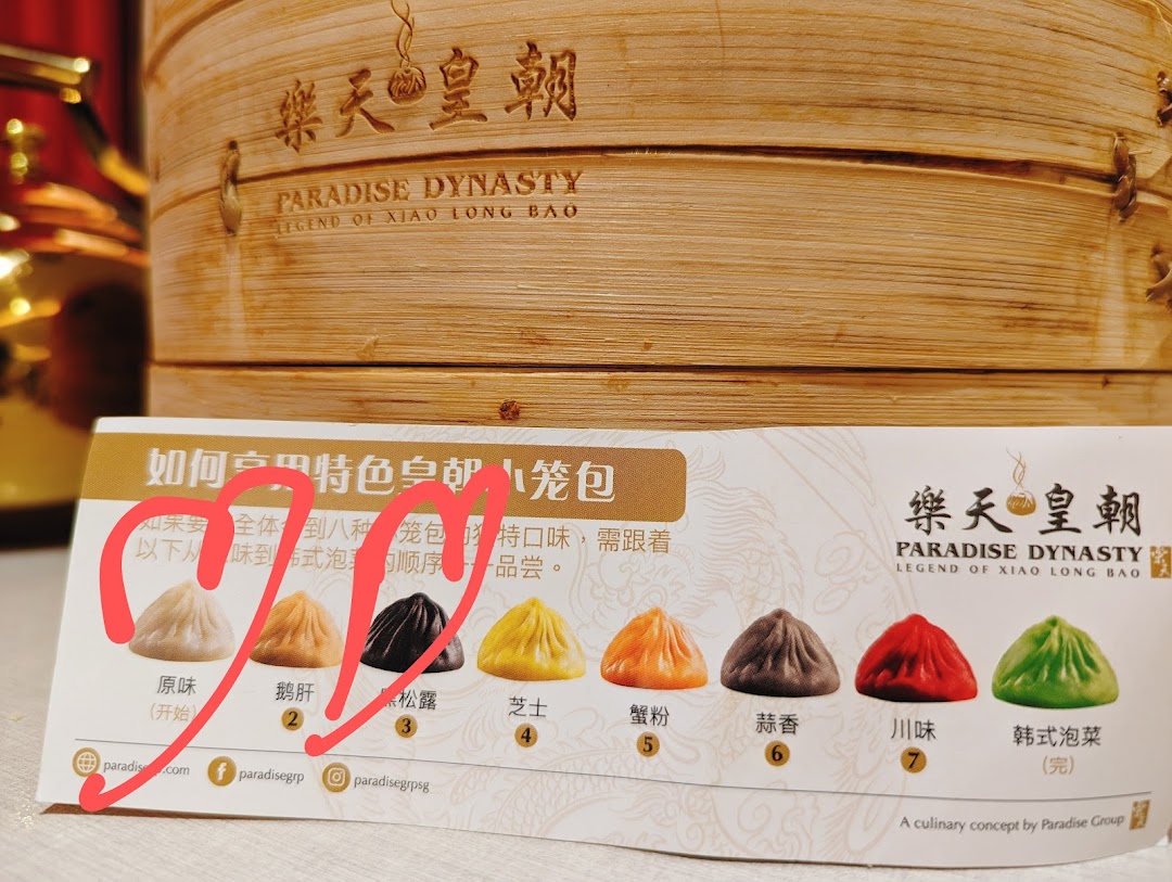 A guide showcasing Paradise Dynasty's 8 unique Xiao Long Bao flavors and recommended eating order.