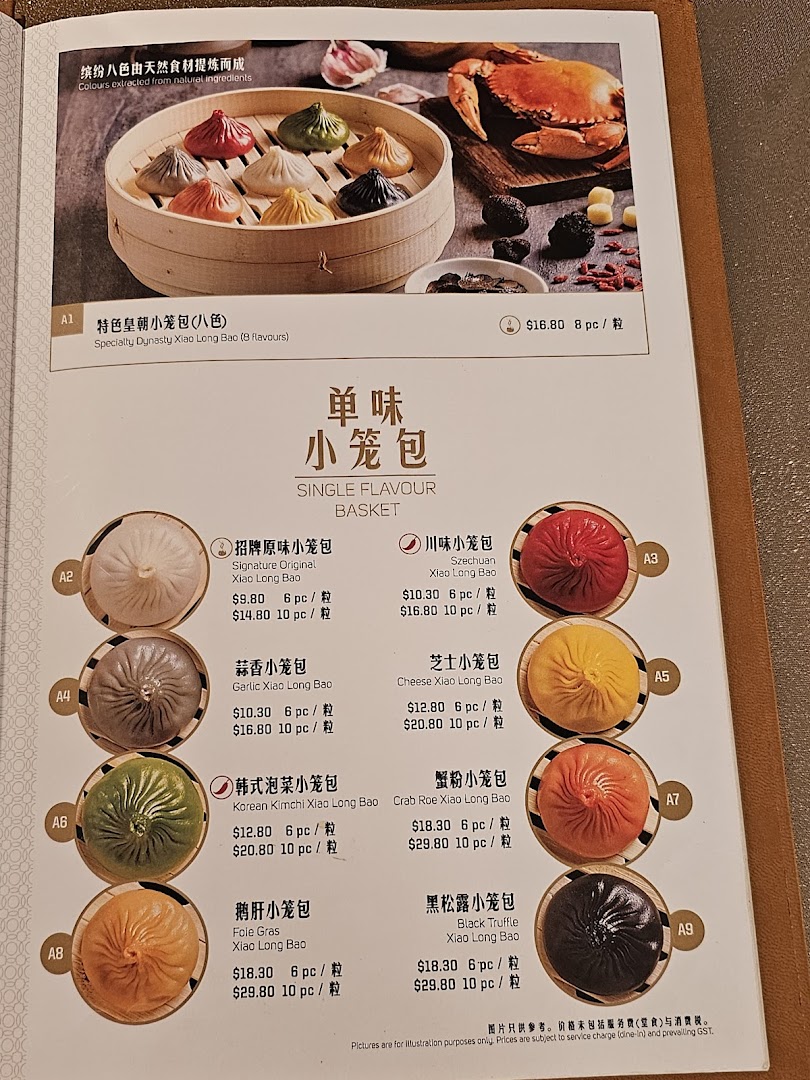 A menu page showcasing various flavors of Xiao Long Bao dumplings.