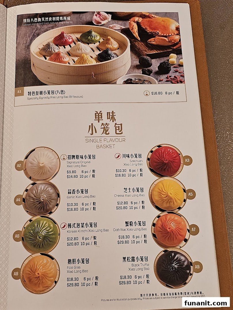 A menu page showcasing various flavors of Xiao Long Bao dumplings.