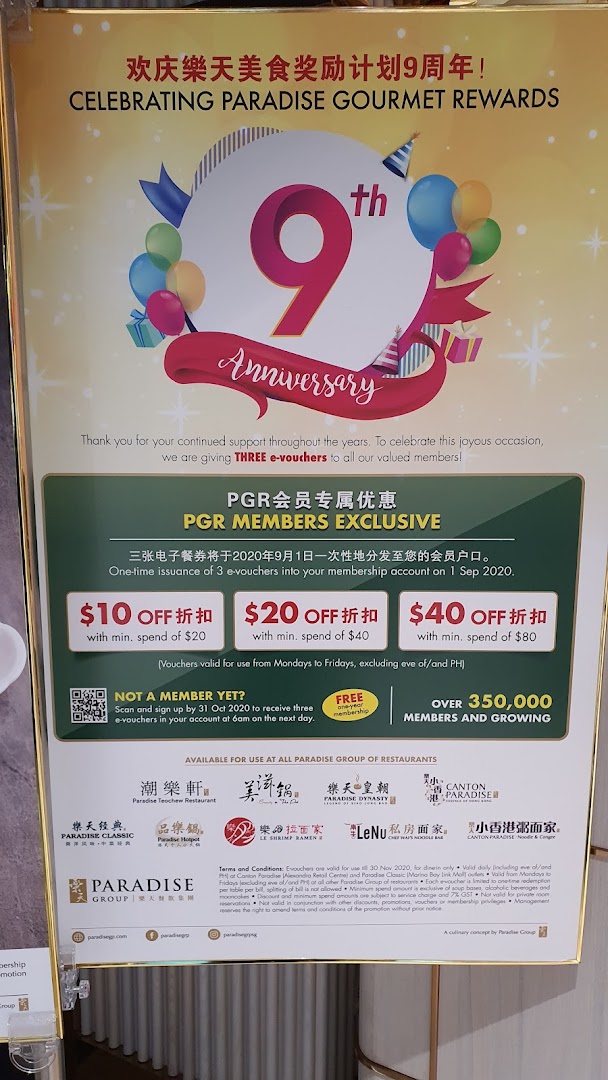 A promotional poster for Paradise Group's 9th Anniversary, detailing member e-voucher rewards and participating restaurants.