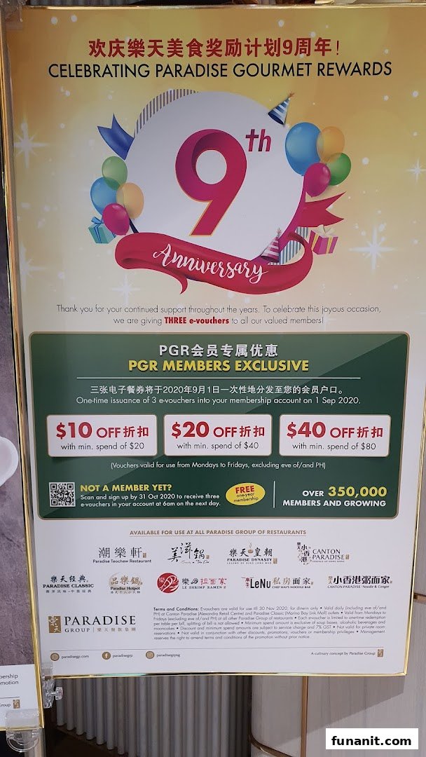 A promotional poster for Paradise Group's 9th Anniversary, detailing member e-voucher rewards and participating restaurants.