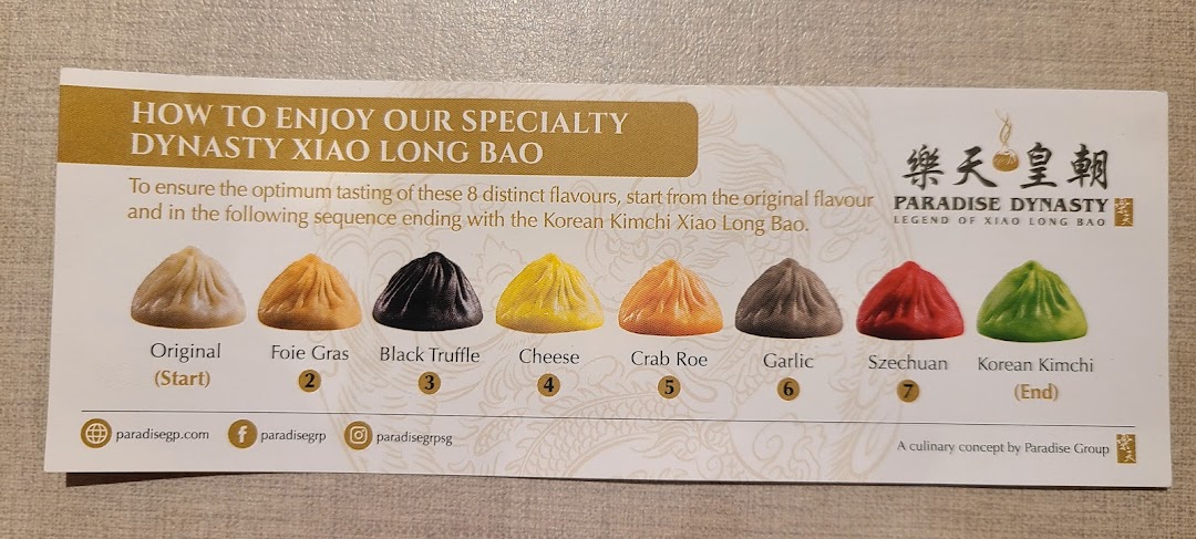 A guide showcasing Paradise Dynasty's 8 distinct Xiao Long Bao flavors and tasting sequence.