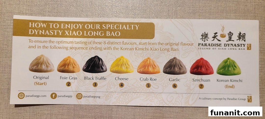 A guide showcasing Paradise Dynasty's 8 distinct Xiao Long Bao flavors and tasting sequence.