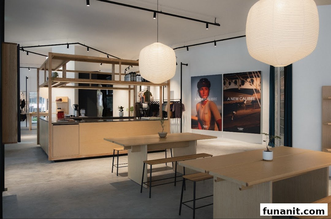 Spacious and modern interior of Pas Normal Studios, featuring apparel displays, communal tables, and large posters.