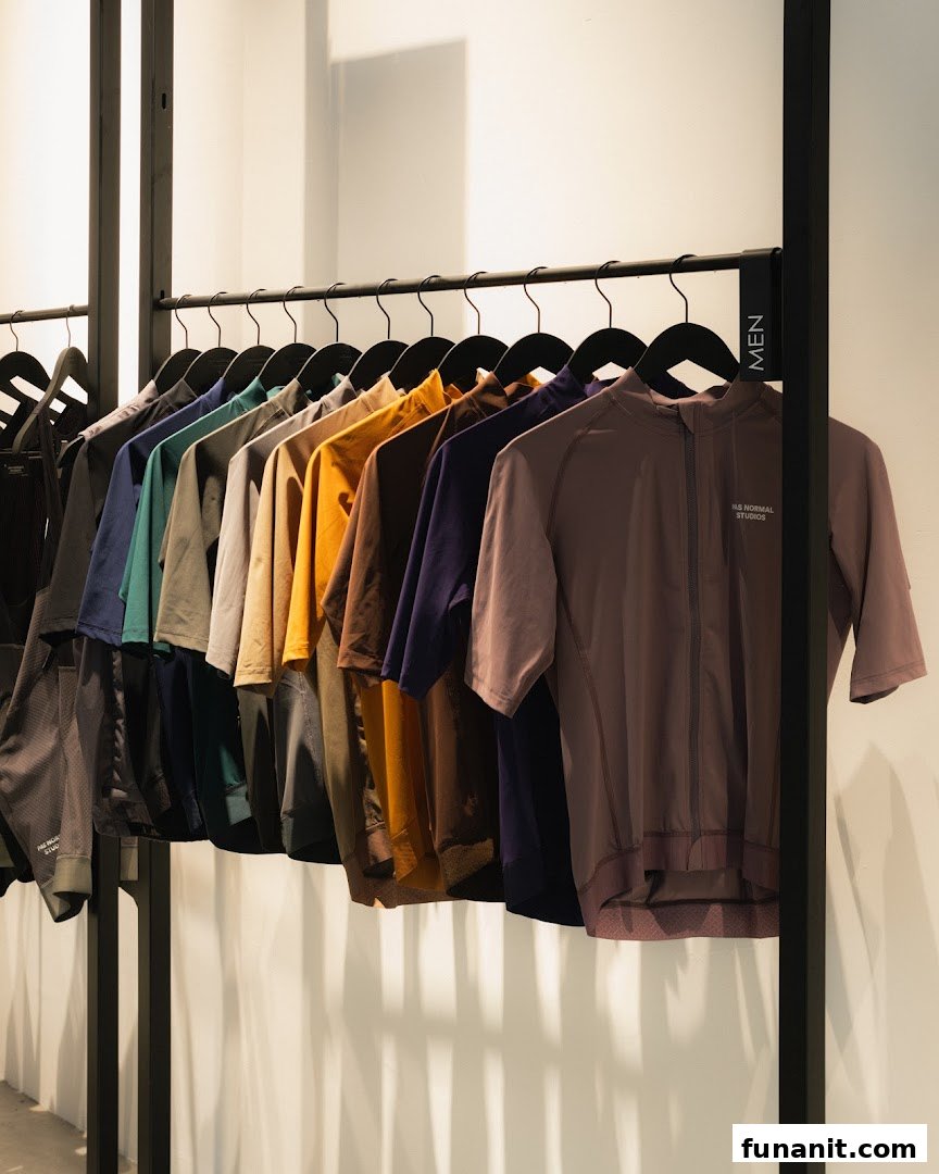 A rack of men's performance cycling apparel in various colors inside Pas Normal Studios.