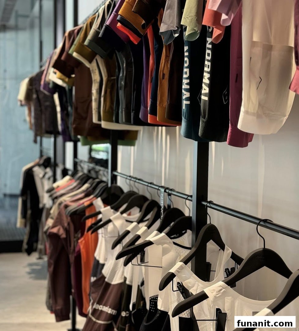 Colorful cycling apparel and gear displayed on racks inside Pas Normal Studios Singapore.