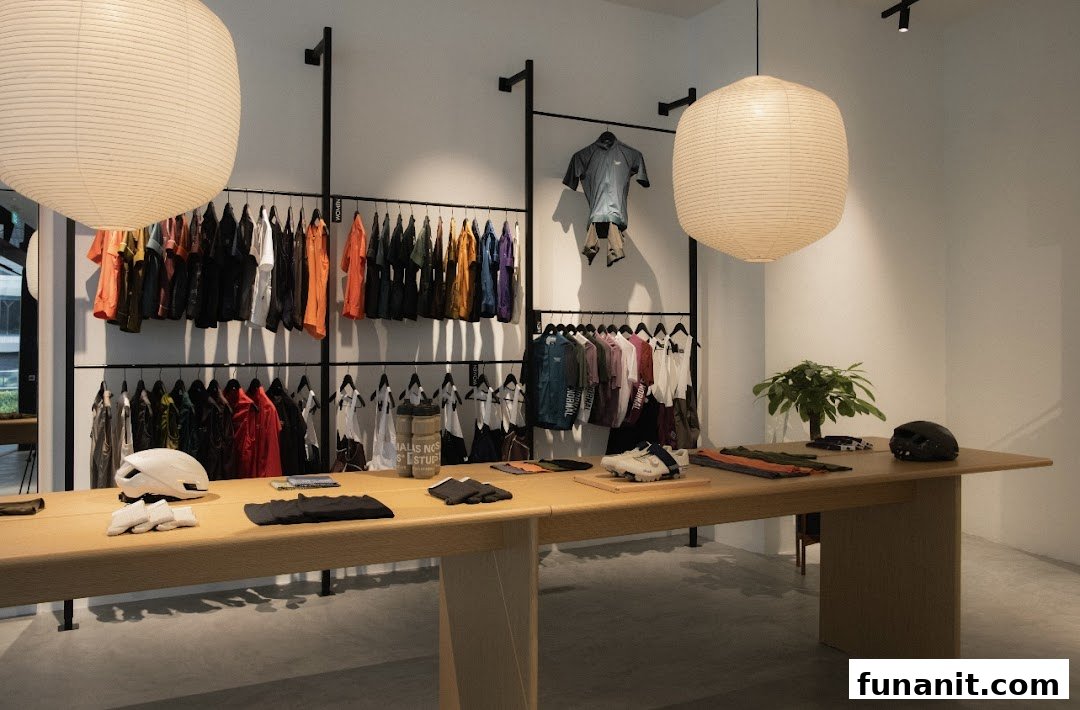 Interior of Pas Normal Studios, featuring cycling apparel displayed on racks and a central table.