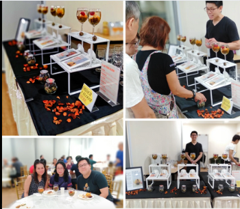 A collage showing a tea tasting event with display tables, unique drinks, and happy attendees.