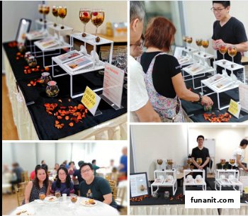 A collage showing a tea tasting event with display tables, unique drinks, and happy attendees.