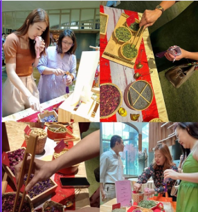 Multiple scenes of people engaging with various tea leaves and floral ingredients, possibly at a tasting or workshop.