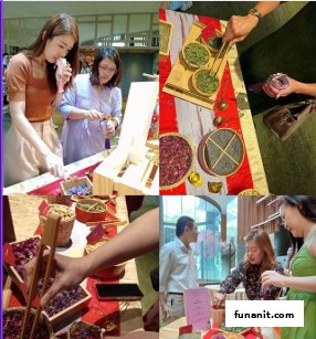 Multiple scenes of people engaging with various tea leaves and floral ingredients, possibly at a tasting or workshop.