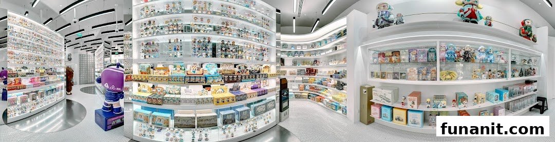 A brightly lit, modern retail store interior showcasing numerous collectible art toys and blind boxes on white shelves.