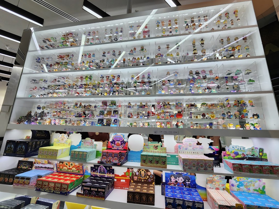 A vibrant display of collectible art toys and blind boxes inside POP MART Funan.