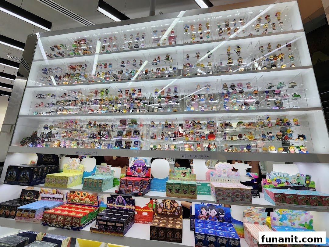 A vibrant display of collectible art toys and blind boxes inside POP MART Funan.