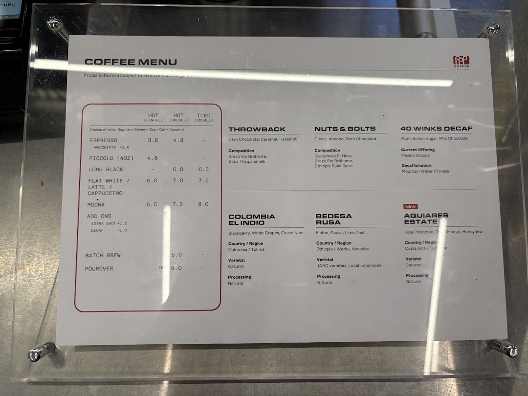 A detailed coffee menu from PPP Coffee, displaying various hot and iced beverages, add-ons, and coffee bean profiles.