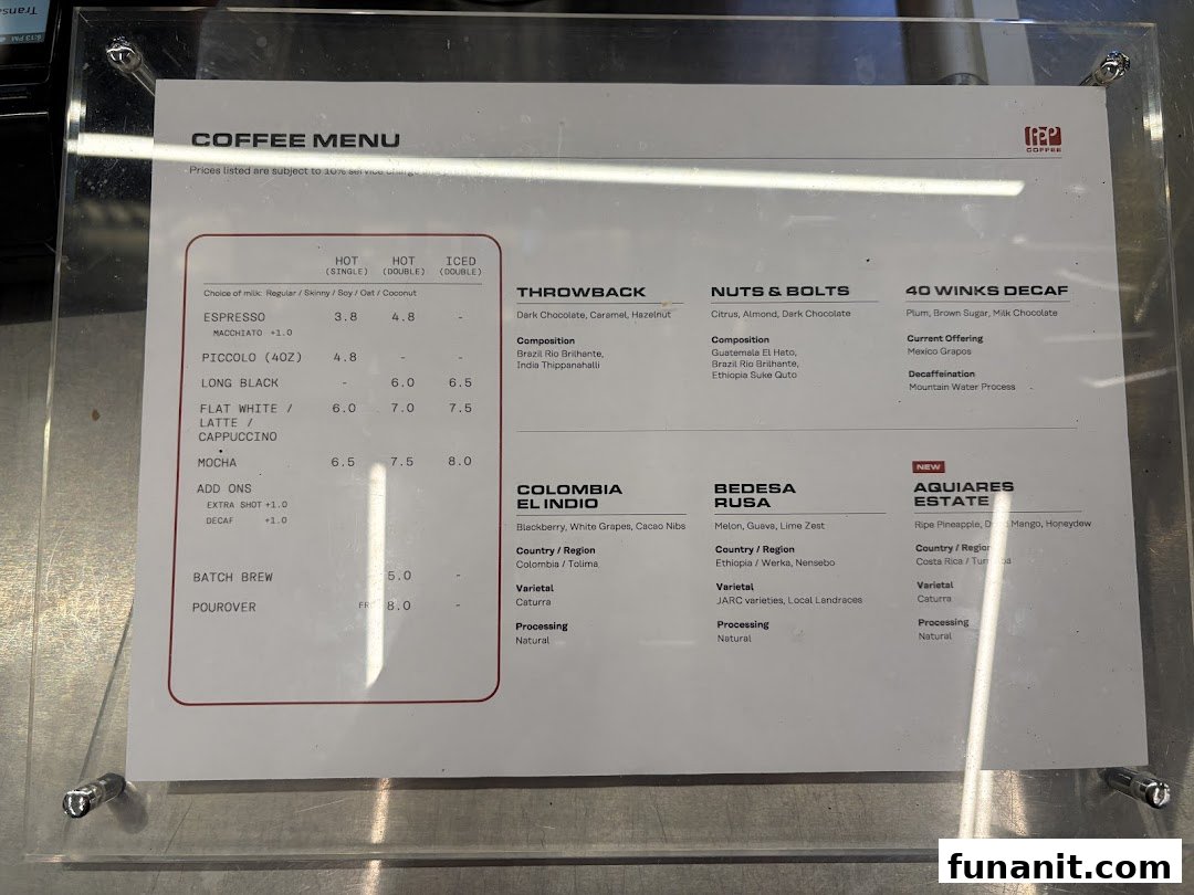 A detailed coffee menu from PPP Coffee, displaying various hot and iced beverages, add-ons, and coffee bean profiles.