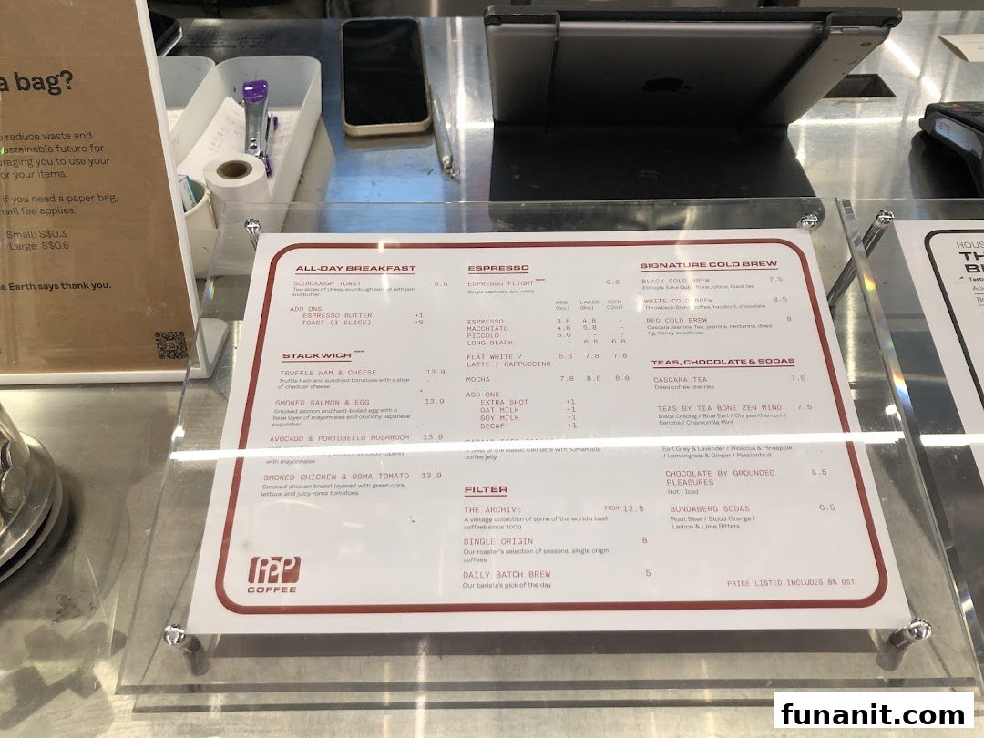 A detailed menu display for PPP Coffee, showcasing a variety of coffee, tea, and food items.