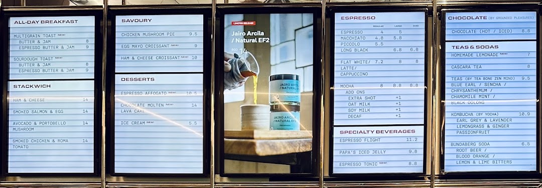 A comprehensive digital menu display showcasing coffee, food, and beverage options at PPP Coffee.
