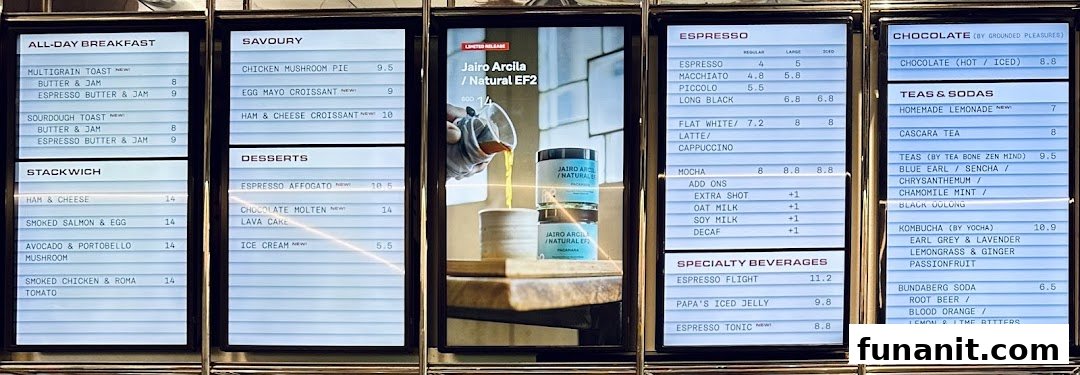 A comprehensive digital menu display showcasing coffee, food, and beverage options at PPP Coffee.