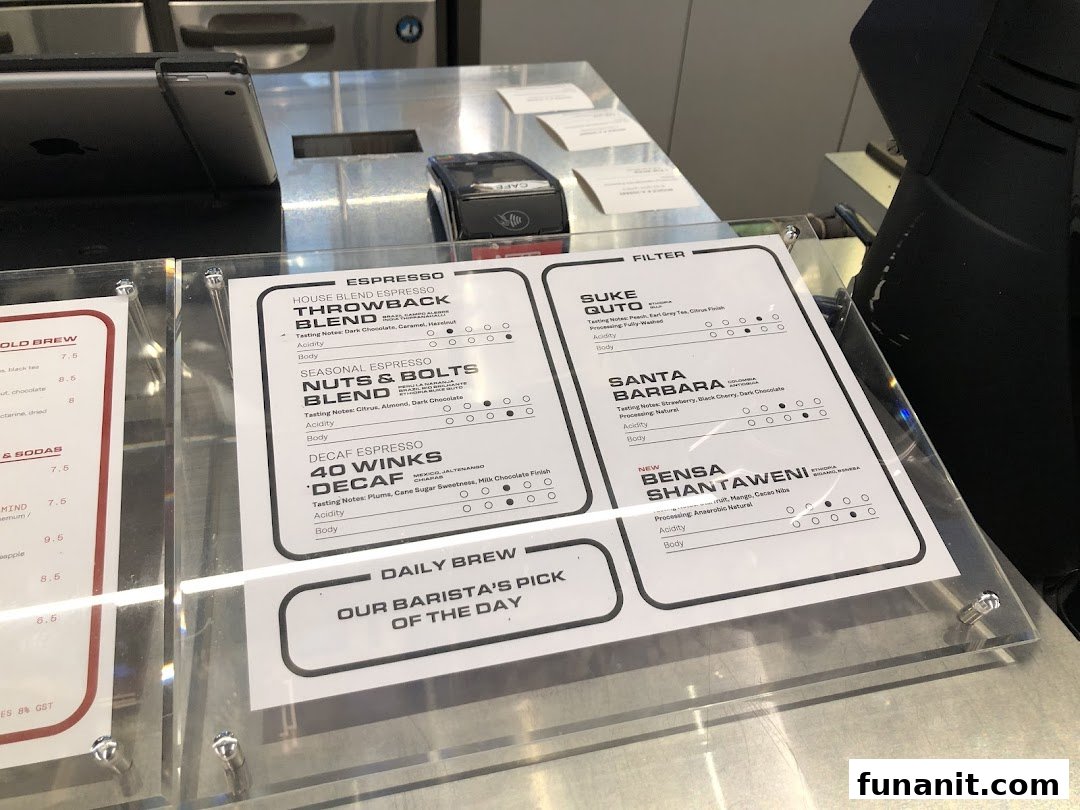 A detailed coffee menu display showcasing various espresso and filter coffee options with tasting notes.