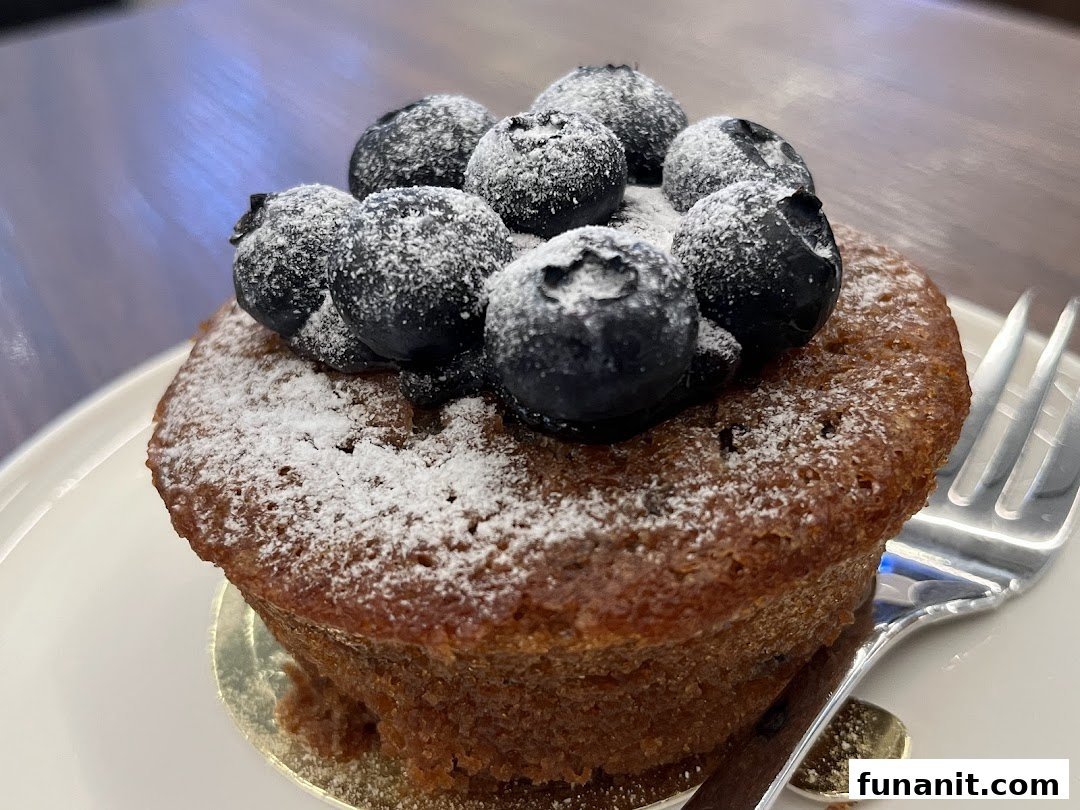 A delicious blueberry muffin or cake, dusted with powdered sugar, served on a white plate.