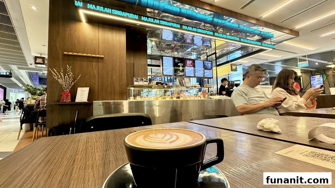 A warm latte with latte art sits on a wooden table inside PPP Coffee, with customers and the counter in the background.