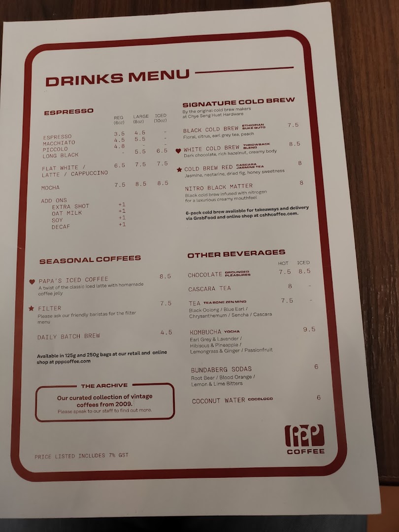 A detailed drinks menu from PPP Coffee, featuring espresso, cold brew, seasonal, and other beverages.