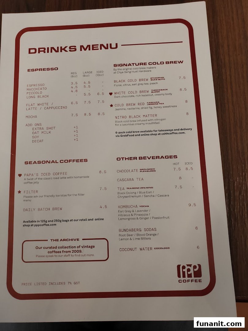 A detailed drinks menu from PPP Coffee, featuring espresso, cold brew, seasonal, and other beverages.