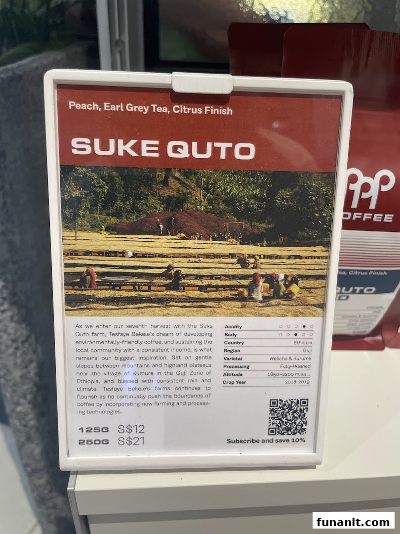 A detailed display card for PPP Coffee's Suke Quto coffee, showing origin, tasting notes, and pricing.